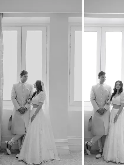 A timeless black and white diptych of the couple by the window, capturing a quiet, shared moment in beautiful natural light.