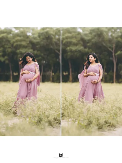 Two portraits of the expectant mother in a field. One captures a contemplative look down at her belly, while the other shows her radiant smile.