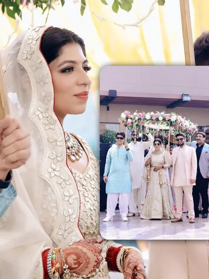 A collage showing the bride's entry under a phoolon ki chadar, a classic and emotional wedding moment.
