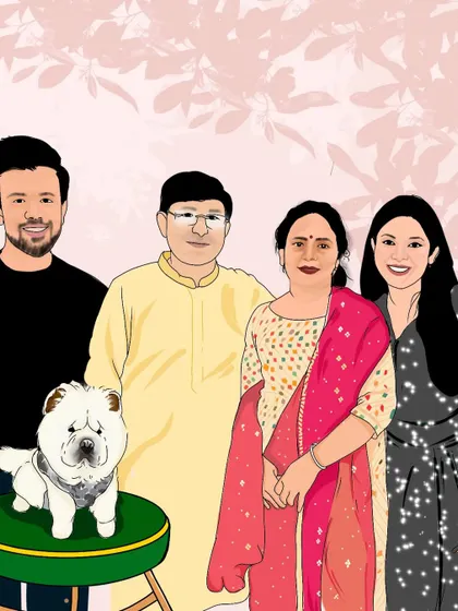 This is a beautiful family portrait I illustrated, complete with their adorable Chow Chow. Creating art that brings the whole family together, including the furry members, is always a joy.