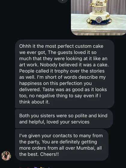 The wonderful feedback we received for the navy retirement cake. The client's happiness is our biggest reward.