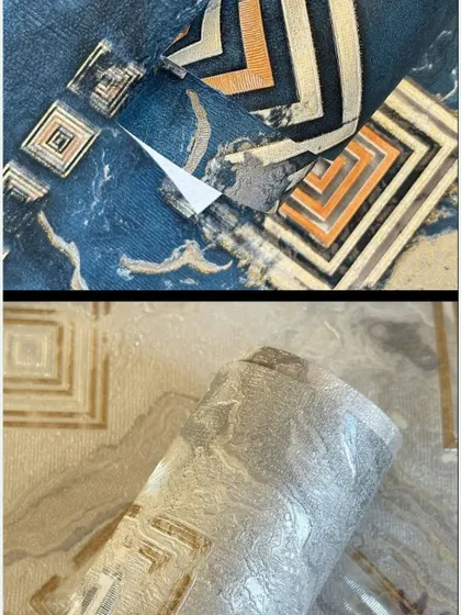 Close-up details of two abstract geometric wallpapers, one in blue and one in grey, with metallic elements.