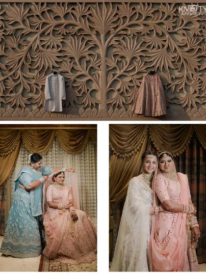 A creative shot of the couple's outfits hanging against a carved wall, alongside portraits of the bride getting ready with her family.