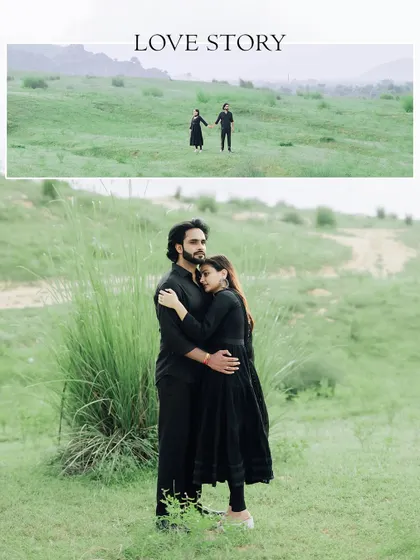 A "Love Story" themed image, with a wide shot of the couple in a vast green landscape and a more intimate portrait below.