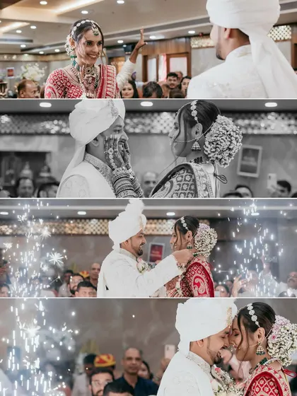 A sequence of the varmala, from the playful lift to the final kiss, captured with sparklers adding to the magic of the moment.