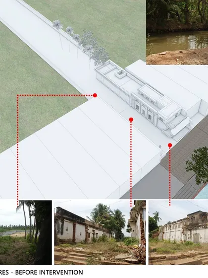 A "before" diagram of the Sai Temple site, showing the dilapidated existing structures and natural features that informed our design intervention.