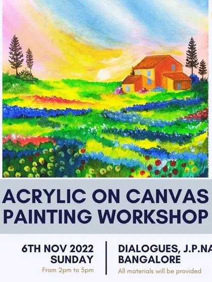 An inviting poster for our acrylic on canvas painting workshop, showcasing a vibrant landscape. These sessions are perfect for anyone looking to explore their artistic side.