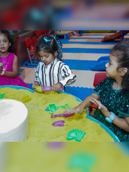 Building sandcastles and making new friends. The sensory sand table is a popular spot at our parties, allowing for imaginative and collaborative play.