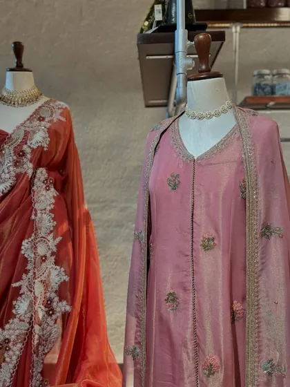 A closer look at the beautiful details in this collection. The organza saree with delicate white embroidery and the pink silk suit show the range of textures and crafts I offer.