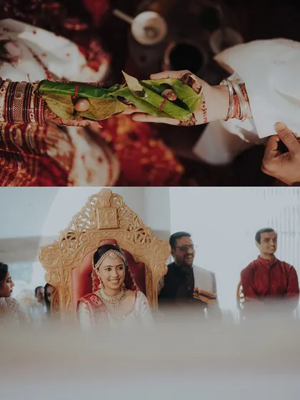 A collage of serene wedding moments. It captures the bride during a quiet moment of the ceremony and the sacred ritual of joining hands.