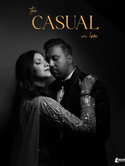 "The Casual in love." A beautiful black and white shot of Ekta and Ashutosh in a gentle embrace.