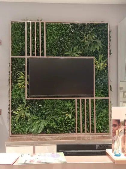 Another view of the artificial green wall at the Biba showroom, showing its placement behind the checkout counter.