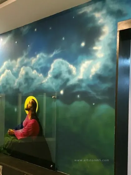 This serene mural of Jesus Christ was created entirely with spray paint. Our artists are skilled in using various techniques to create large-scale, detailed, and meaningful artwork that can become the spiritual centerpiece of a room.
