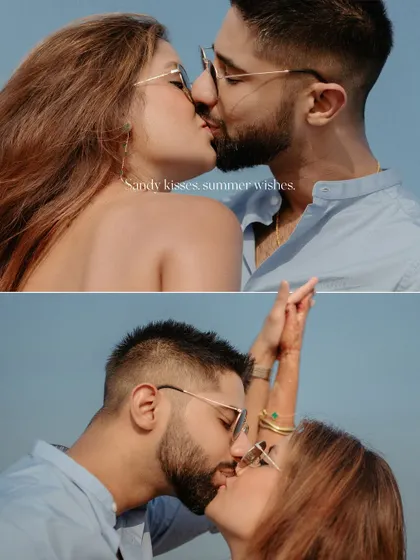 "Sandy kisses, summer wishes." A collage of intimate kisses on the beach, perfect for capturing the romance of a destination wedding.