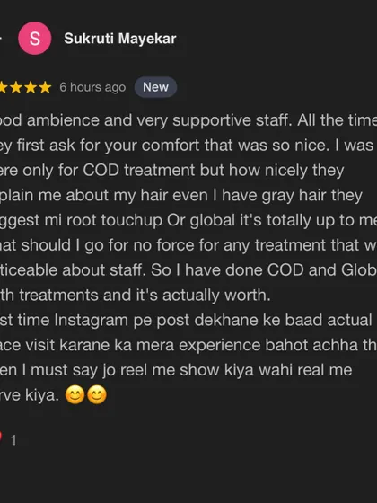 This review makes us so happy because it captures our core promise: "jo reel me show kiya wahi real me serve kiya." We believe in honest advice, no pressure, and results that are worth it, whether it's a COD treatment or a global colour.