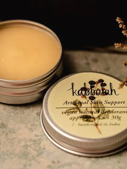 My vegan natural deodorant, made with unrefined shea butter, coconut oil, and bentonite clay. It absorbs in seconds and won't leave stains on your clothes.