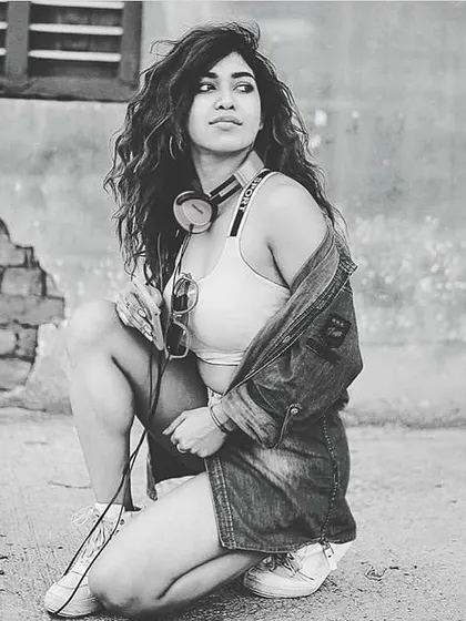 A black and white shot from a photoshoot. Even in stillness, I try to convey the energy and passion I have for music.