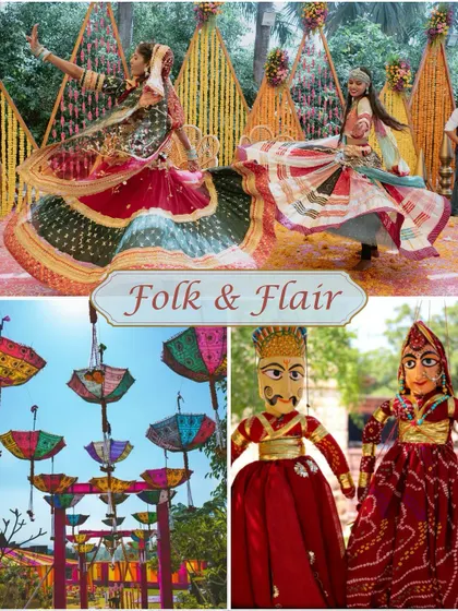 This Folk & Flair theme combines traditional Rajasthani elements like kathputli puppets and colorful umbrellas for a vibrant and culturally rich celebration.