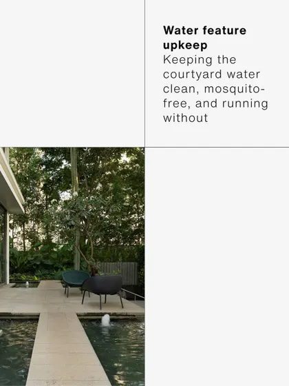 A courtyard water feature with fountains, designed for easy upkeep. The challenge was to keep the water clean and mosquito-free, resulting in a beautiful and functional design that enhances the home's atmosphere.