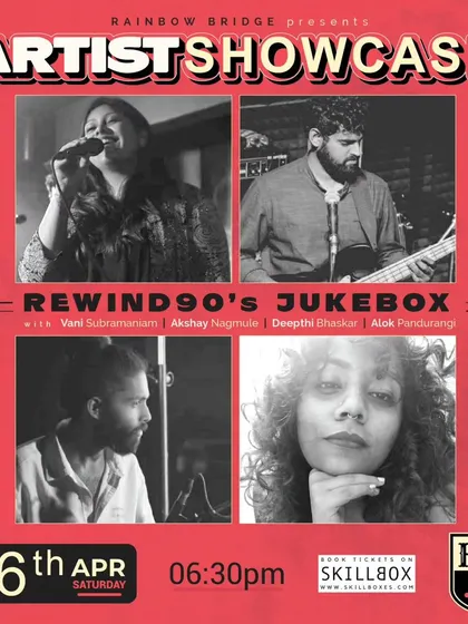 The poster for our "Rewind 90's Jukebox" showcase, a trip down nostalgia lane. We host themed music nights that are always a huge hit with the crowd.