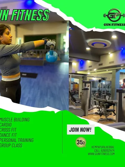 We offer group classes, personal training, and access to a fully equipped gym. This image shows a member using a kettlebell for a strength workout, with a view of our modern gym floor in the background.