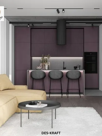 This view from the living area shows how the bold kitchen serves as a stunning backdrop, with a butter-yellow sofa providing a soft, complementary contrast.