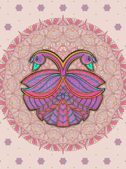 A symmetrical peacock motif inspired by Madhubani art, set against a detailed mandala background.