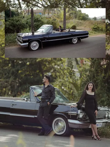 A couple poses with a classic black convertible on a tree-lined road in Goa, creating a stylish, film-inspired pre-wedding portrait. I love collaborating on creative ideas to make your shoot uniquely yours.