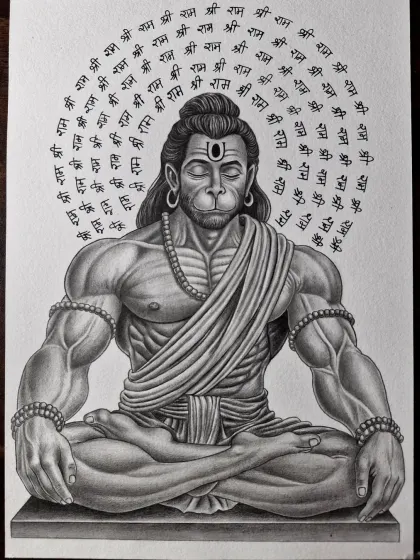 A portrait of Hanuman ji in deep meditation, with "Shri Ram" written in a circular pattern. This is a highly detailed and spiritual piece.