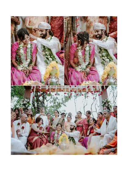 A collage of the couple during the ceremony, surrounded by family, capturing the communal joy of the event.