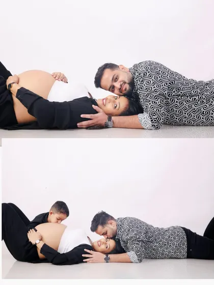 Two moments in one. This composite image shows a loving couple, and then the sweet addition of their son kissing the baby bump, telling a story of a family growing from three to four.