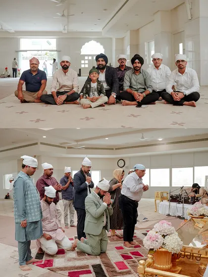 A duplicate of image 105, capturing the groom's side of the family during the Sikh wedding ceremony.