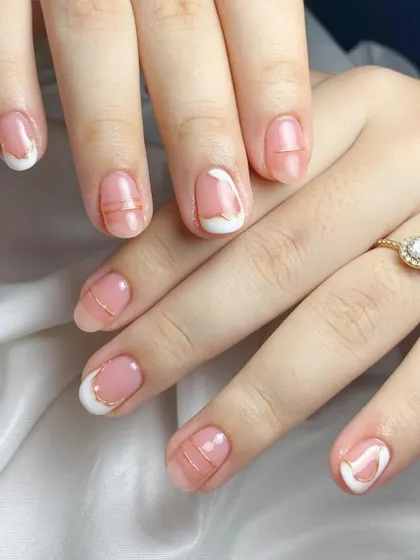 Minimalist perfection. A clean French manicure on short, natural nails, accented with delicate gold lines for a touch of modern elegance.