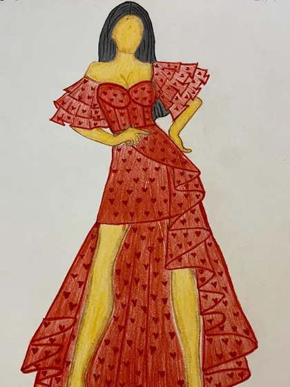 A student's illustration of a red gown with a heart print and ruffled sleeves.