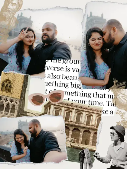 An artistic, scrapbook-style collage combining photos of a couple with architectural details and text. This is a highly personalized and creative way to tell their story.