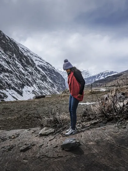 A candid moment in the snow-dusted landscape near Manali. This photo captures the feeling of a cold, adventurous day in the mountains.