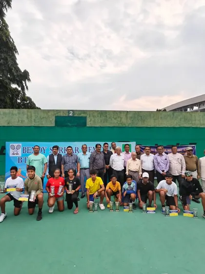 A large group photo with all the winners, finalists, and officials at the Bengal Tennis Association's AITA U-14 Super Series event.