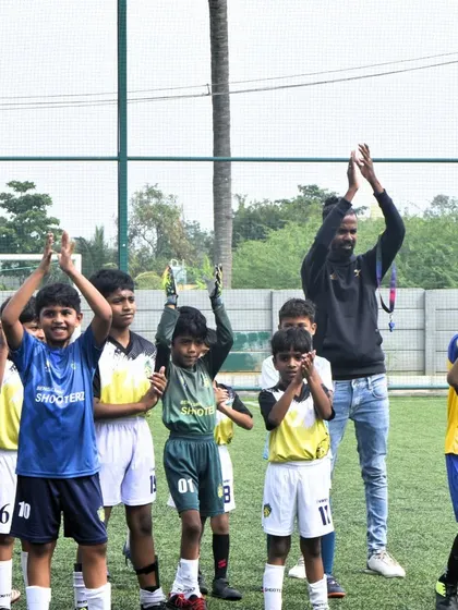 Celebrating our U-9 team's championship win at the Mega International Football Tournament. These moments of victory are what our young athletes train for.