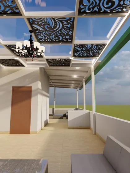 This 3D render provides a look into a proposed terrace lounge area under a stylish pergola, helping to plan the flow and functionality of the space.