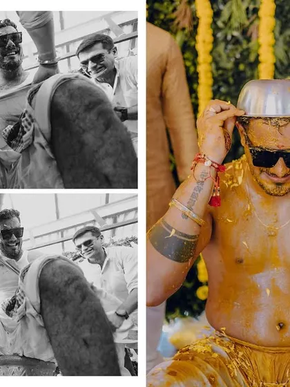 A collage showing the groom's Haldi from different angles. The low-angle black and white shots add a unique perspective to this fun-filled ritual.