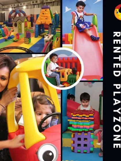 Unforgettable memories in a rented playzone. This collage is filled with candid shots of kids and parents enjoying the various toys and activities, from slides to ride-on cars.