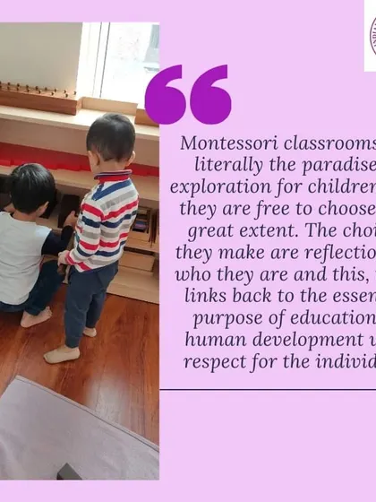 Two children choose their work from the shelf. The Montessori classroom is a "paradise of exploration," where materials are arranged beautifully and accessibly. This freedom of choice is essential for developing independence and self-discipline.