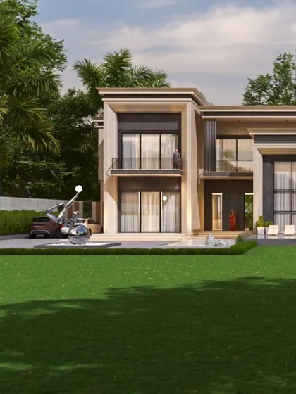 A striking sculpture stands in the foreground of this contemporary residence, adding an artistic touch to the landscape. The home's facade features a mix of neoclassical proportions and modern materials, creating a unique architectural hybrid.