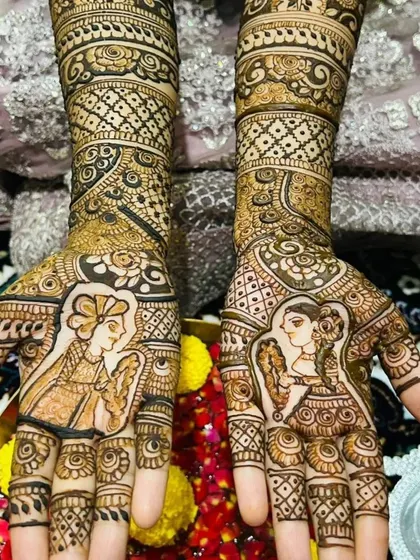 This is the kind of art that makes my heart sing. I created these matching portraits for a client's special ceremony, capturing a story of togetherness. The design is filled with detailed Indian patterns, from the delicate jaal work on the forearm to the traditional figures on the palms.