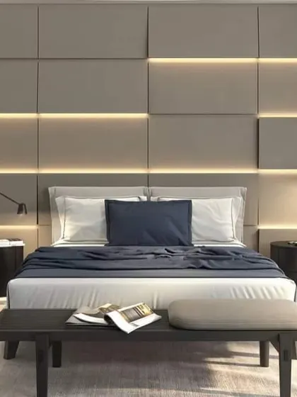 A repeat of the bedroom with the grey paneled and backlit headboard wall (ID 210). The minimalist design and clean lines create a sophisticated and contemporary look.