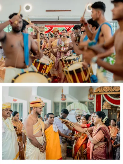 A collage capturing the vibrant energy of a wedding procession with traditional drummers and a candid family moment.