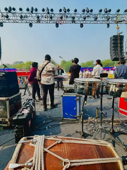 My view from the stage during soundcheck. You can see my dholak and the rest of the band's gear getting ready for the performance.