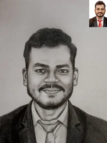 Here you can see the reference photo next to my finished pencil sketch. This comparison highlights how I capture the likeness and friendly expression of the subject.