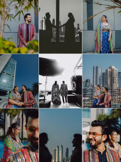 A collage of stylish couple portraits from their Mehendi event, set against the modern architecture of the venue.