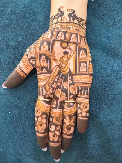 A classic Teej or Karwa Chauth design with a woman carrying a pot, surrounded by diyas.